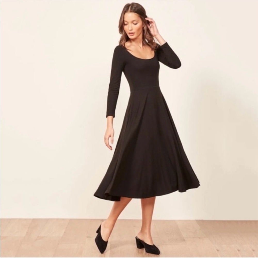 Reformation Lou Black Long Sleeve Dress Stretchy Scoop Neck Size small EUC